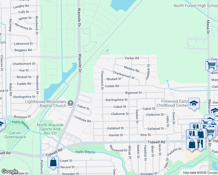 map of restaurants, bars, coffee shops, grocery stores, and more near 8126 Rhobell Street in Houston