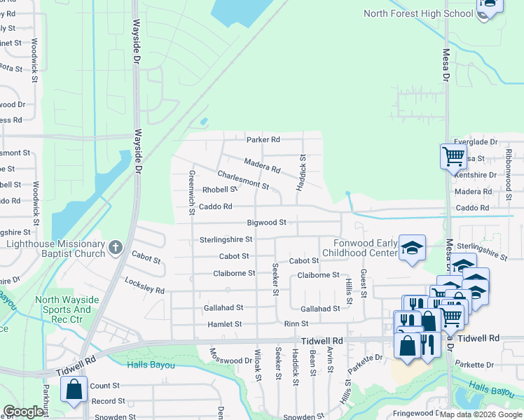 map of restaurants, bars, coffee shops, grocery stores, and more near 8306 Caddo Road in Houston