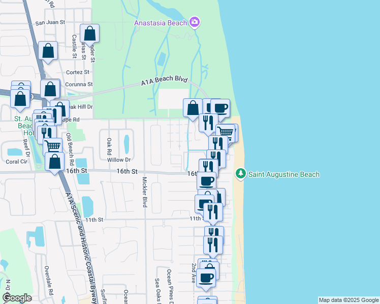map of restaurants, bars, coffee shops, grocery stores, and more near Atlantis Circle in St. Augustine
