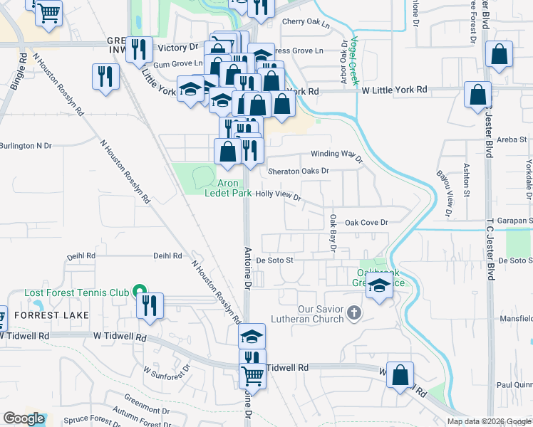 map of restaurants, bars, coffee shops, grocery stores, and more near 5600 Holly View Drive in Houston