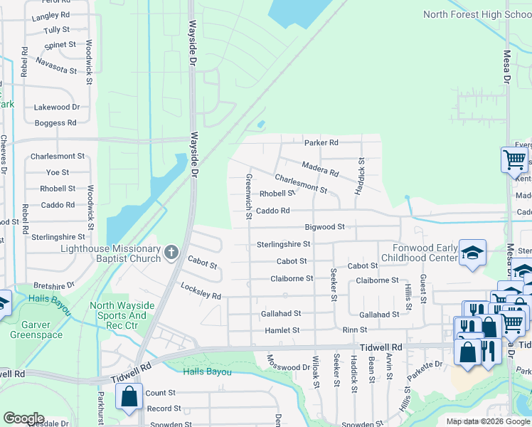 map of restaurants, bars, coffee shops, grocery stores, and more near 8126 Rhobell Street in Houston