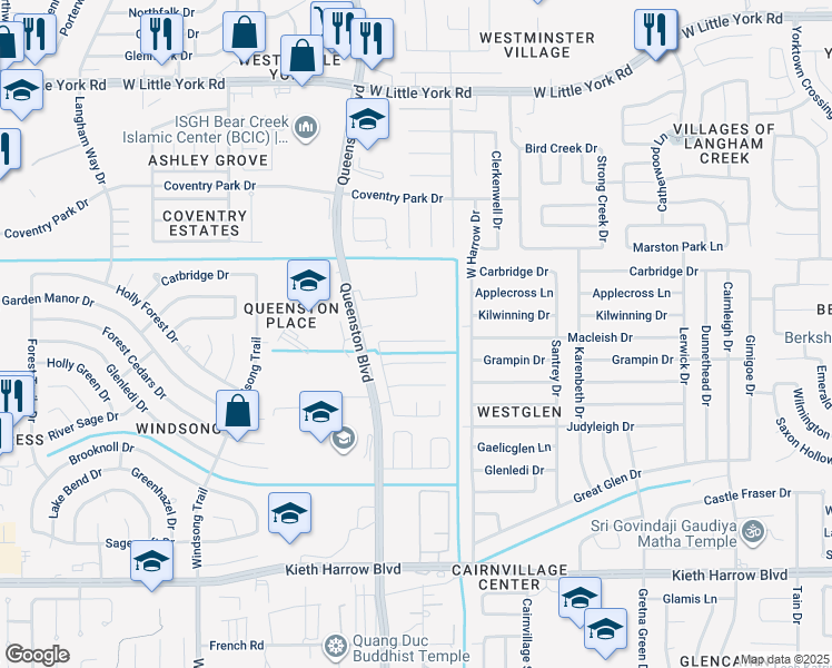 map of restaurants, bars, coffee shops, grocery stores, and more near 17234 Brookhollow Mist Court in Houston