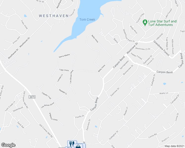 map of restaurants, bars, coffee shops, grocery stores, and more near 1101 Bella Vista in Canyon Lake