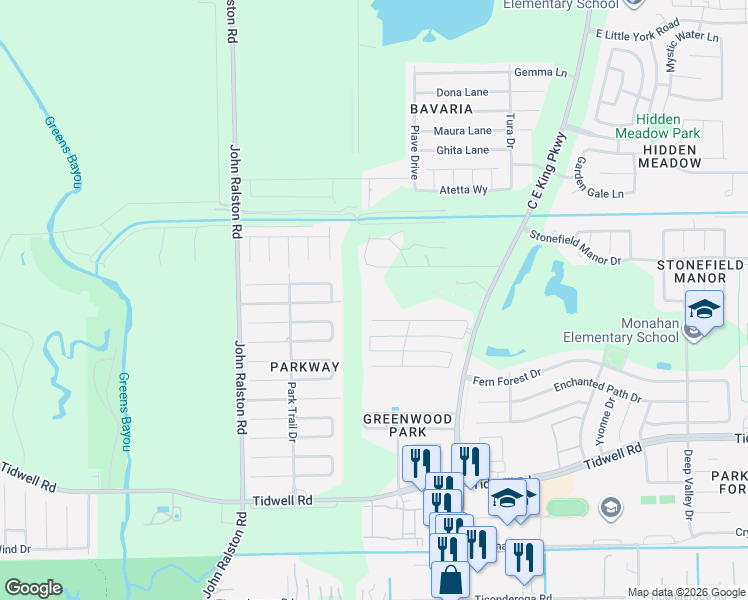 map of restaurants, bars, coffee shops, grocery stores, and more near 12051 Kona Cay Drive in Houston