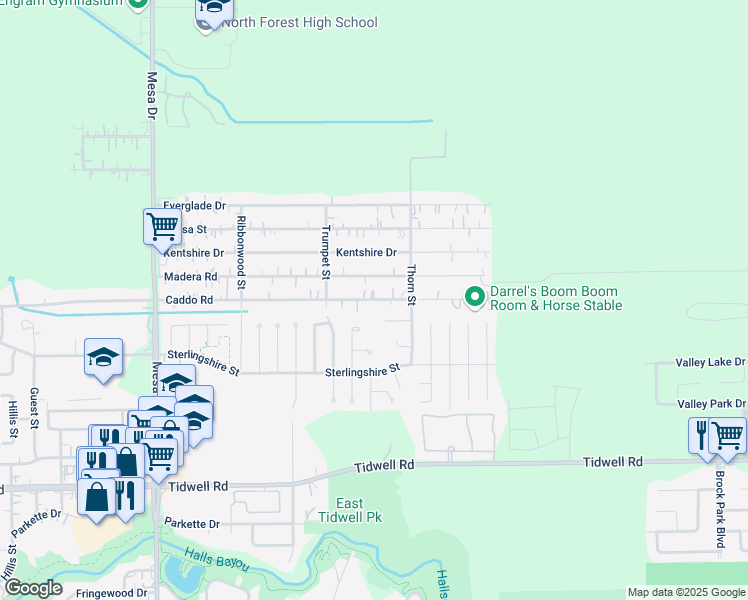 map of restaurants, bars, coffee shops, grocery stores, and more near 9305 Caddo Road in Houston