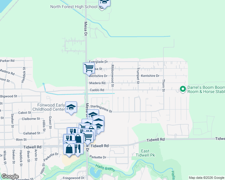 map of restaurants, bars, coffee shops, grocery stores, and more near 8938 Madera Road in Houston