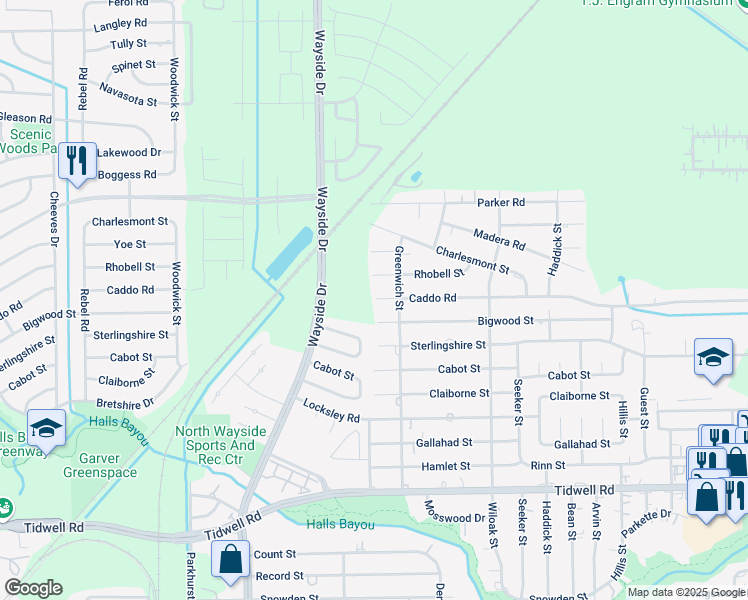 map of restaurants, bars, coffee shops, grocery stores, and more near 8018 Rhobell Street in Houston