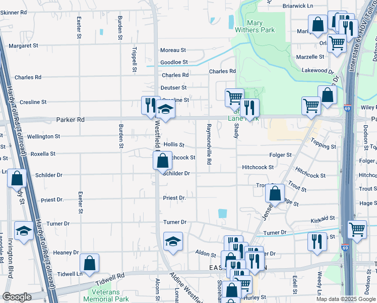 map of restaurants, bars, coffee shops, grocery stores, and more near 2411 Hollis Street in Houston