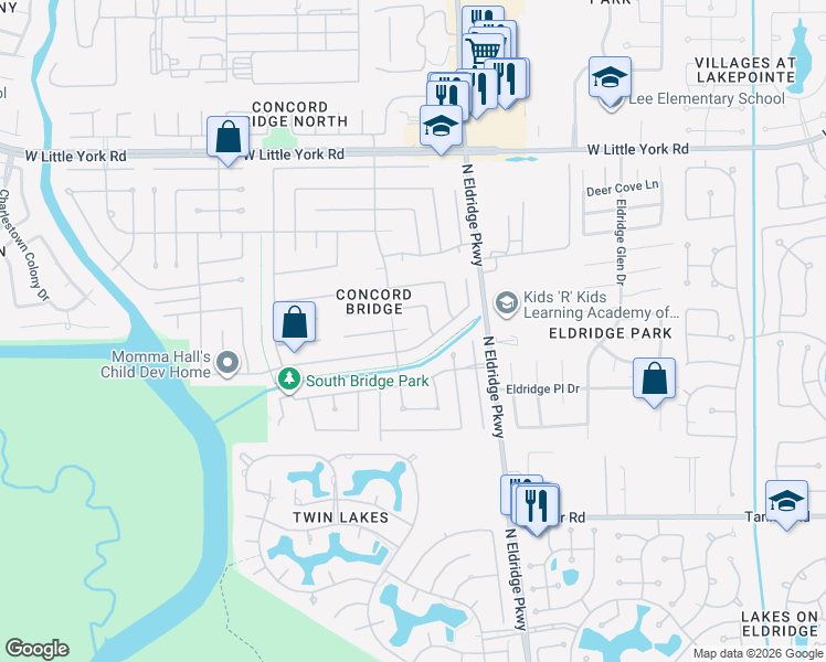 map of restaurants, bars, coffee shops, grocery stores, and more near 13315 Bridgewalk Lane in Houston