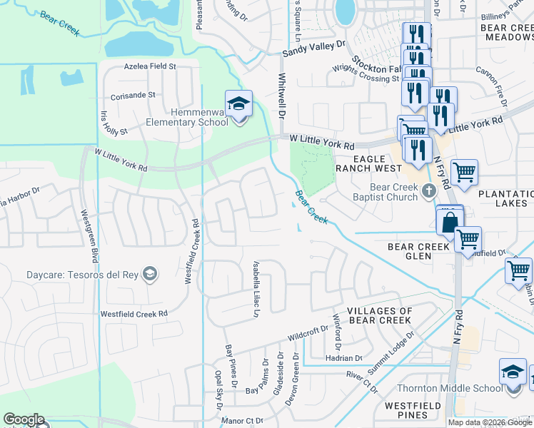 map of restaurants, bars, coffee shops, grocery stores, and more near 5523 Fountain Arbor Lane in Katy