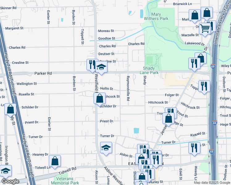 map of restaurants, bars, coffee shops, grocery stores, and more near 2411 Hollis Street in Houston