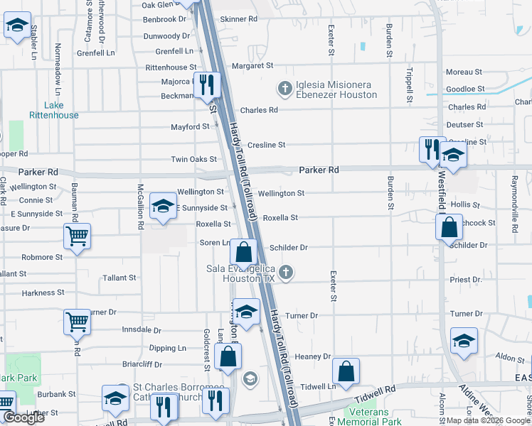map of restaurants, bars, coffee shops, grocery stores, and more near 10012 East Hardy Road in Houston