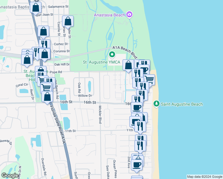 map of restaurants, bars, coffee shops, grocery stores, and more near 52 Lee Drive in St. Augustine