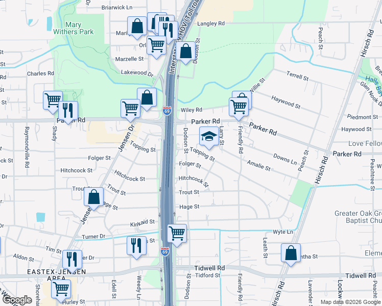 map of restaurants, bars, coffee shops, grocery stores, and more near 3709 Topping Street in Houston