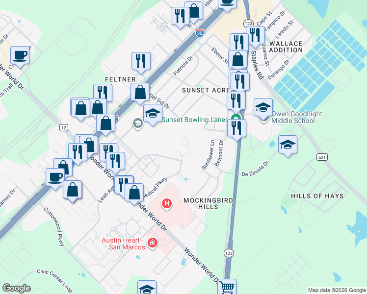 map of restaurants, bars, coffee shops, grocery stores, and more near 600 Leah Avenue in San Marcos