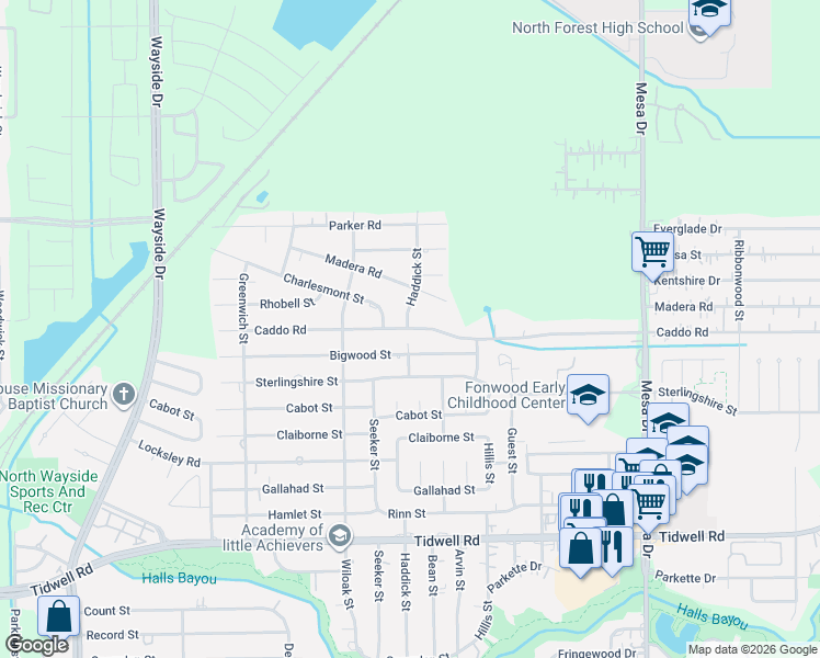 map of restaurants, bars, coffee shops, grocery stores, and more near 8417 Caddo Road in Houston