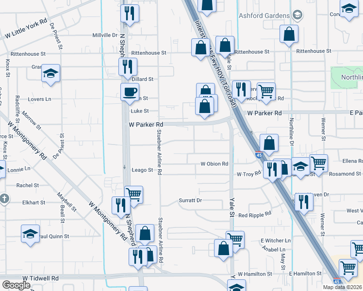 map of restaurants, bars, coffee shops, grocery stores, and more near 501 Pickering Street in Houston