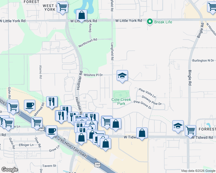 map of restaurants, bars, coffee shops, grocery stores, and more near 6502 Wilshire Fern in Houston