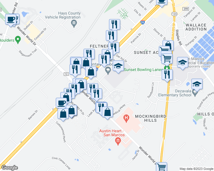 map of restaurants, bars, coffee shops, grocery stores, and more near 1805 Peter Garza Drive in San Marcos