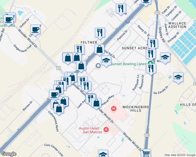 map of restaurants, bars, coffee shops, grocery stores, and more near 1805 Peter Garza Drive in San Marcos
