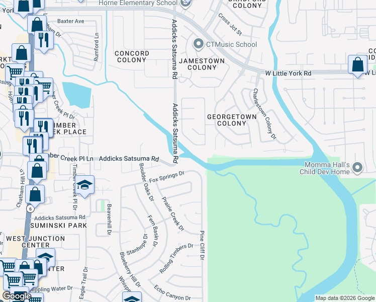 map of restaurants, bars, coffee shops, grocery stores, and more near 6040 Addicks Satsuma Road in Houston