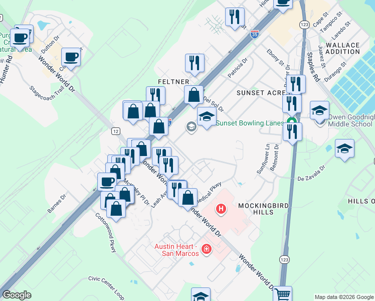 map of restaurants, bars, coffee shops, grocery stores, and more near 1109 San Marcos Parkway in San Marcos