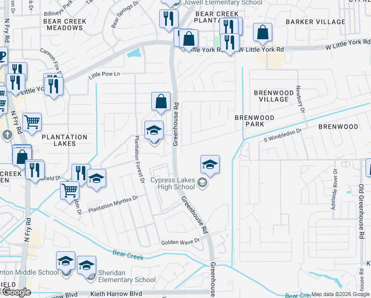 map of restaurants, bars, coffee shops, grocery stores, and more near 19243 Sandelford Drive in Katy