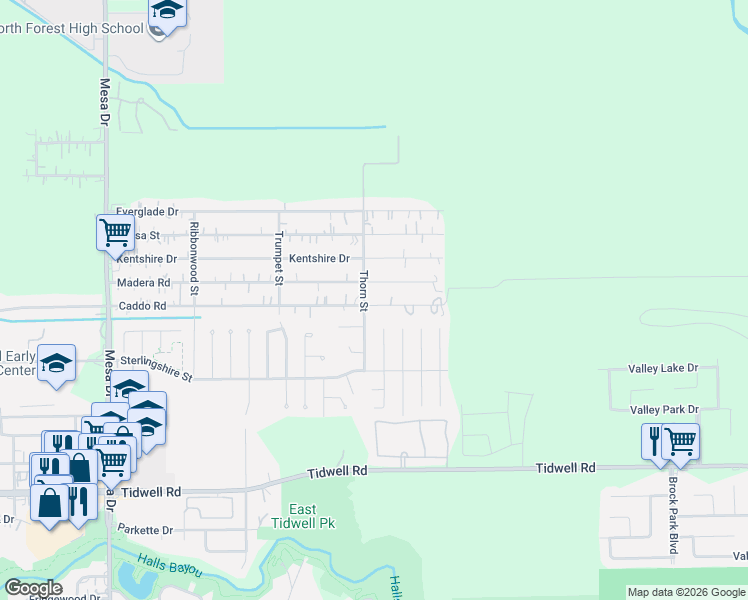 map of restaurants, bars, coffee shops, grocery stores, and more near 9915 Thorn Street in Houston