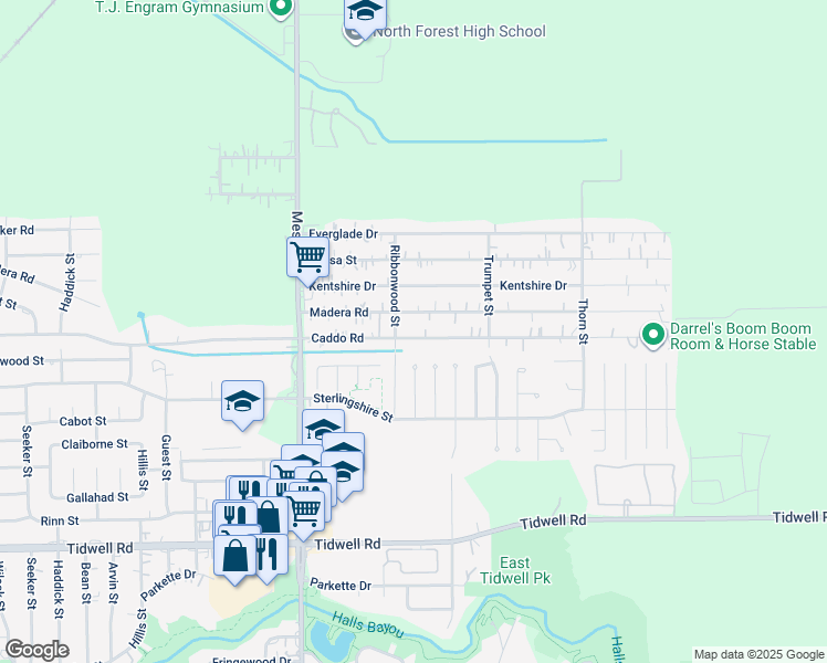 map of restaurants, bars, coffee shops, grocery stores, and more near 9028 Madera Road in Houston
