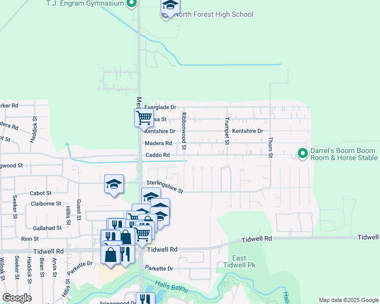 map of restaurants, bars, coffee shops, grocery stores, and more near 9028 Madera Road in Houston
