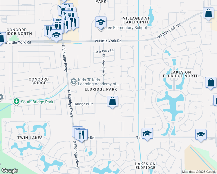 map of restaurants, bars, coffee shops, grocery stores, and more near 12903 Ridge Bank Lane in Houston