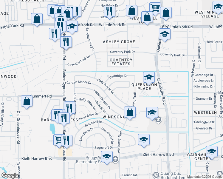 map of restaurants, bars, coffee shops, grocery stores, and more near 18050 Berry Branch Drive in Houston