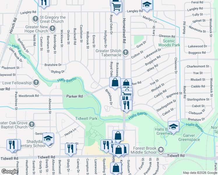 map of restaurants, bars, coffee shops, grocery stores, and more near 7150 Parker Road in Houston