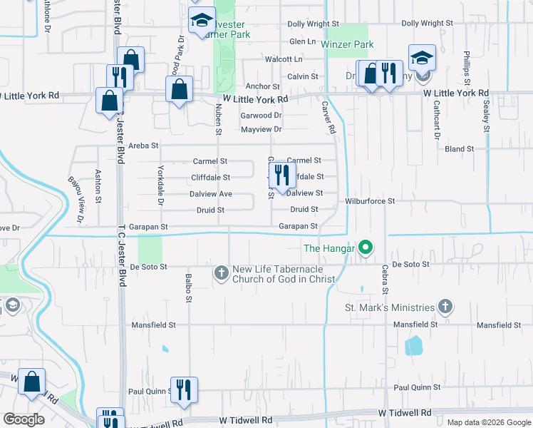 map of restaurants, bars, coffee shops, grocery stores, and more near 2478 Druid Street in Houston