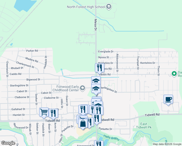 map of restaurants, bars, coffee shops, grocery stores, and more near 8721 Caddo Road in Houston