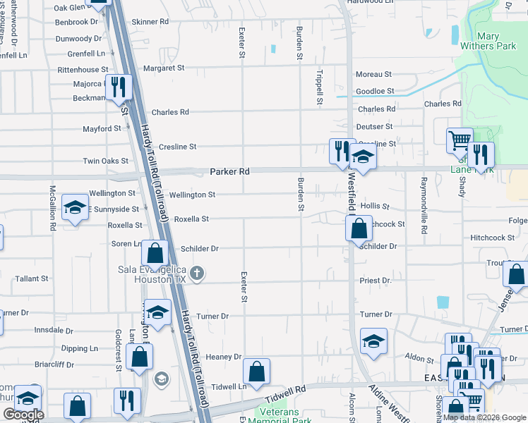 map of restaurants, bars, coffee shops, grocery stores, and more near 1927 Roxella Street in Houston