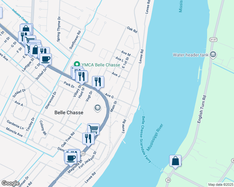 map of restaurants, bars, coffee shops, grocery stores, and more near 302 Main Street in Belle Chasse
