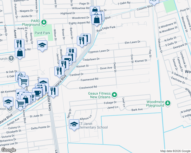 map of restaurants, bars, coffee shops, grocery stores, and more near 2636 Cardinal Drive in Marrero