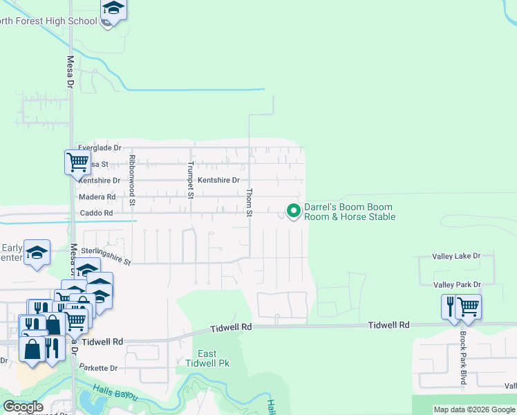 map of restaurants, bars, coffee shops, grocery stores, and more near 9915 Thorn Street in Houston