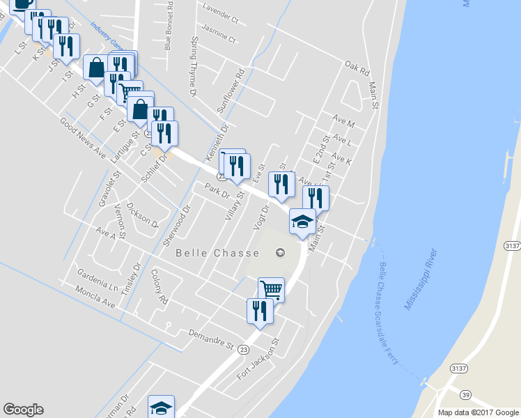 map of restaurants, bars, coffee shops, grocery stores, and more near 104 Vogt Drive in Belle Chasse