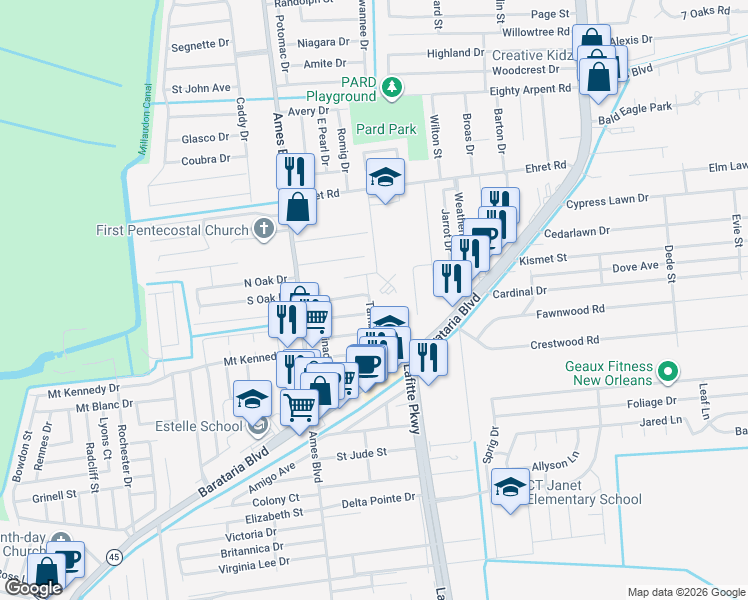 map of restaurants, bars, coffee shops, grocery stores, and more near 3421 Tambour Drive in Marrero