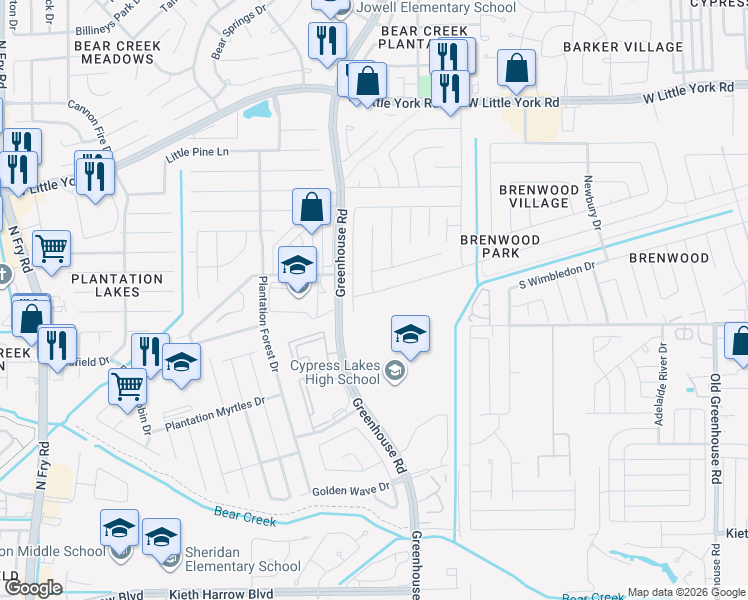 map of restaurants, bars, coffee shops, grocery stores, and more near 19243 Sandelford Drive in Katy