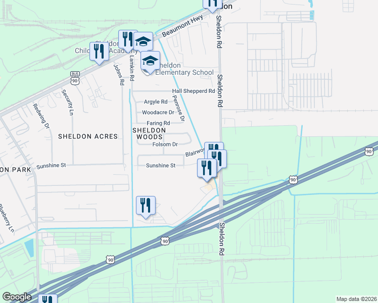 map of restaurants, bars, coffee shops, grocery stores, and more near 17227 Blairwood Drive in Houston