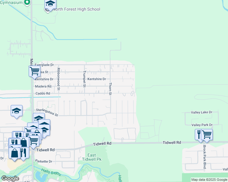 map of restaurants, bars, coffee shops, grocery stores, and more near 9915 Thorn Street in Houston