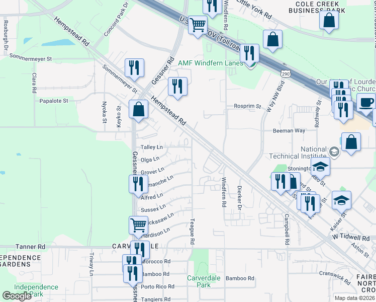 map of restaurants, bars, coffee shops, grocery stores, and more near 10019 Talley Lane in Houston