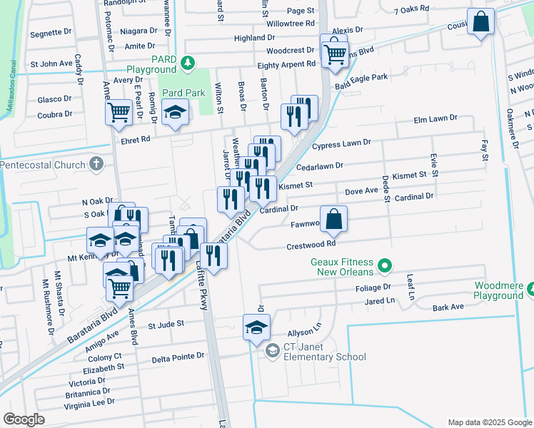 map of restaurants, bars, coffee shops, grocery stores, and more near 2516 Cardinal Drive in Marrero