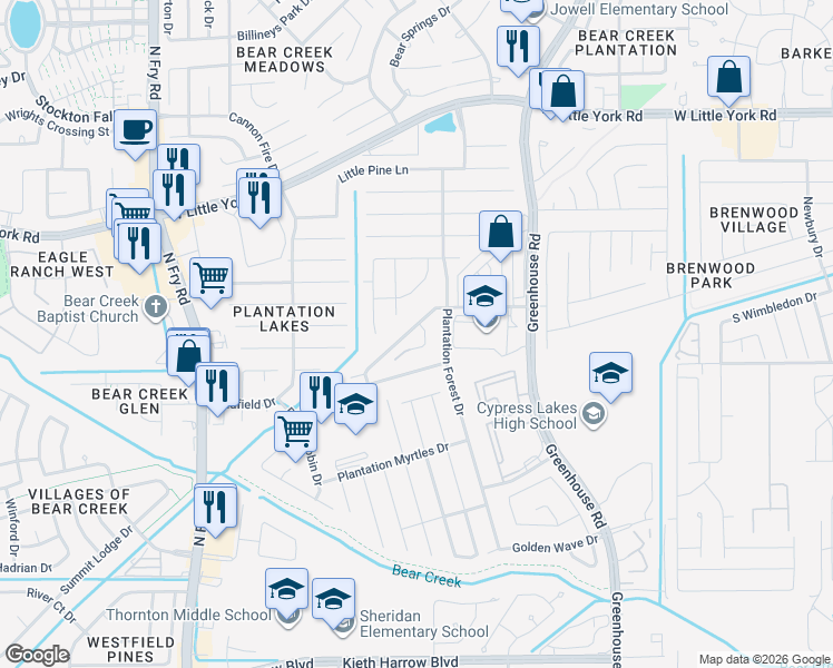 map of restaurants, bars, coffee shops, grocery stores, and more near 19439 Plantation Cove Lane in Katy