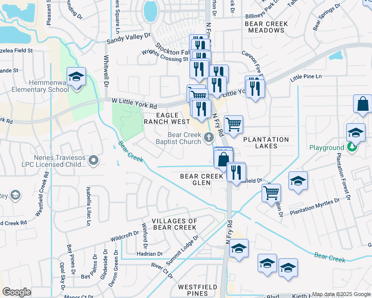 map of restaurants, bars, coffee shops, grocery stores, and more near Ridgebluff Lane in Katy