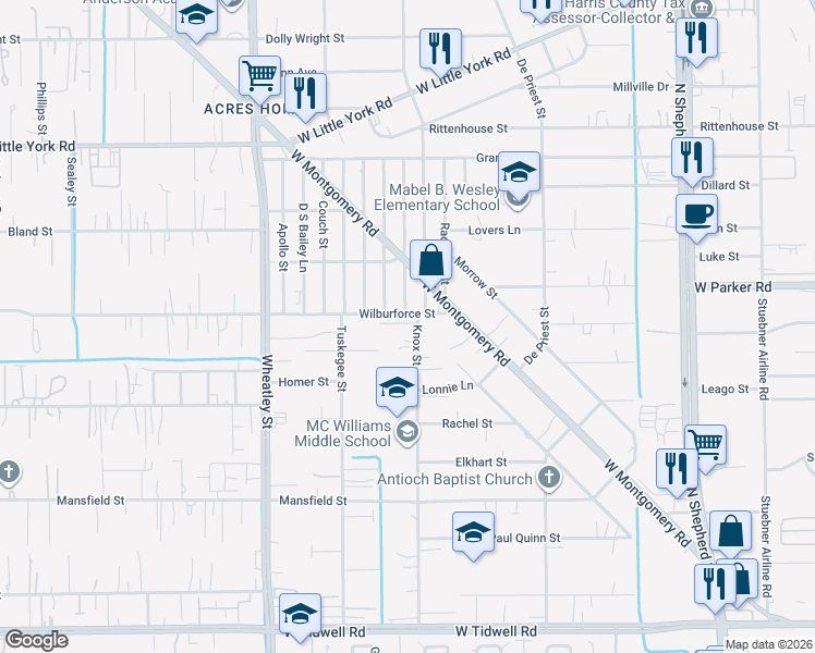 map of restaurants, bars, coffee shops, grocery stores, and more near 929 Wilburforce Street in Houston