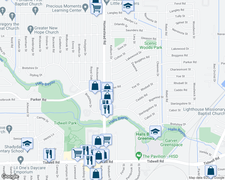 map of restaurants, bars, coffee shops, grocery stores, and more near 7170 Parker Road in Houston